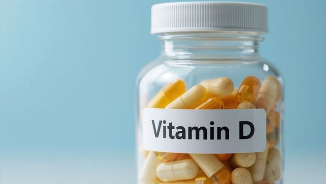 Vitamin d supplement jar with yellow capsules and beige tablets on blue background
