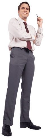 Happy businessman with pen on transparent background isolated