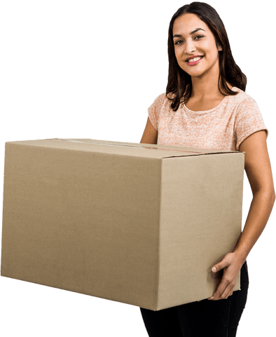 Smiling woman holding large cardboard box on transparent background