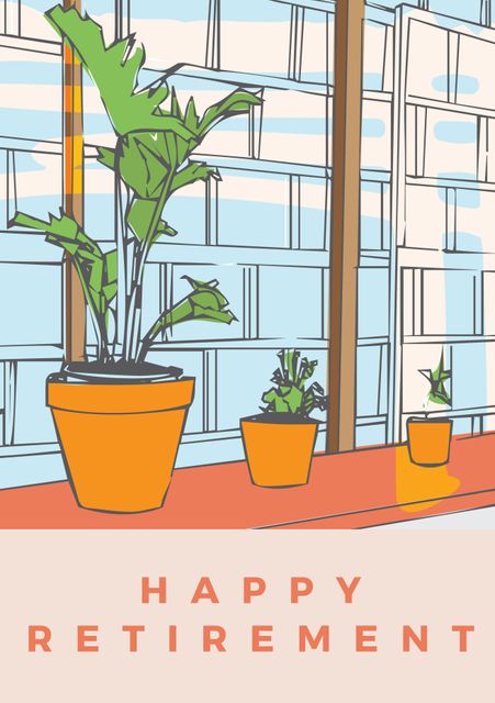 Perfect for retirement greeting cards and gifts, this design features potted plants in a greenhouse. Use this image to create personalized messages for retirees who enjoy gardening or natural settings.