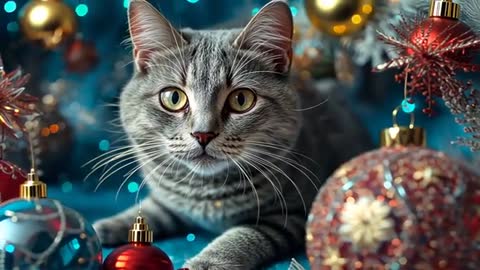 Festive Cat Exploring Christmas Ornaments in Adorned Room