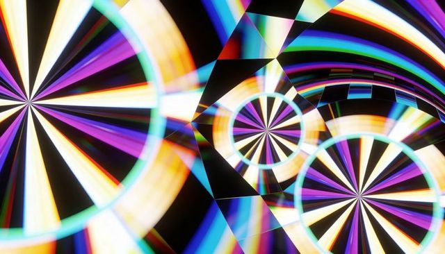 Kaleidoscopic neon starburst wheels radiating geometric rings, halos and symmetry