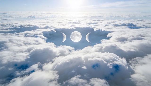 Surreal lunar alignment above cloud sea with full moon flanked by crescents, aerial panoramic