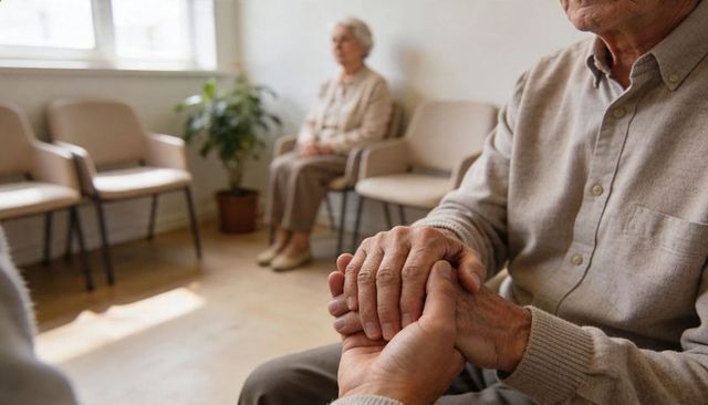 Holding hands comforting senior man in clinic waiting area with caregiver support