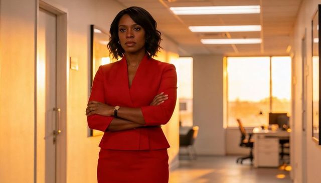 Standing african american executive wearing red suit crossing arms in sunset-lit office