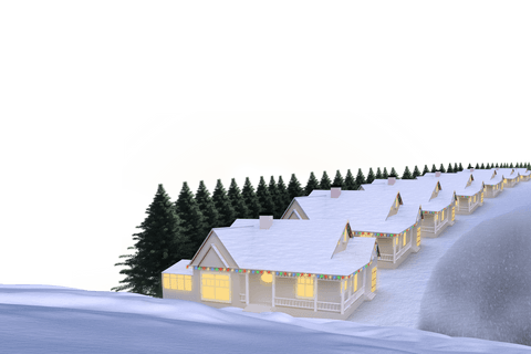 Winter cottages with sunrise over forest on transparent background