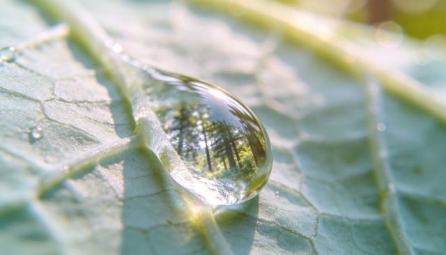 Macro water droplet reflecting forest on pale green leaf, dew bead showcasing vein texture