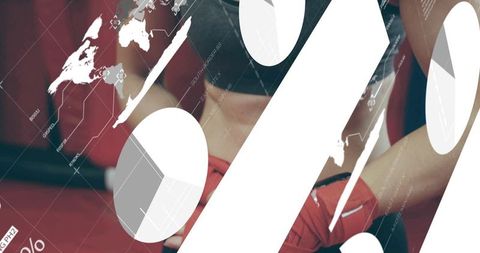 Female boxer punching with red gloves, global data overlay for fitness branding