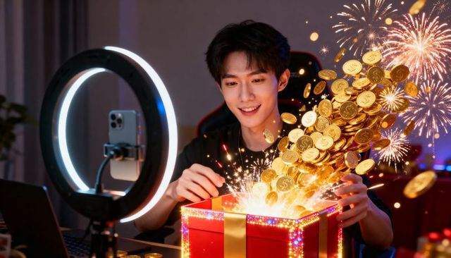 Asian streamer opening gift box with coins bursting out during live unboxing celebration