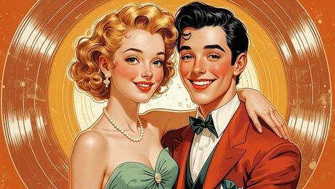 Retro cute couple with gold vinyl backdrop embracing vintage glamour