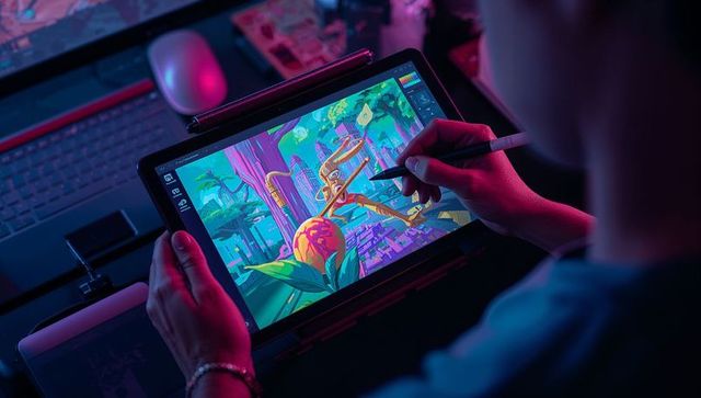 Digital artist illustrating surreal monkey scene on pen tablet