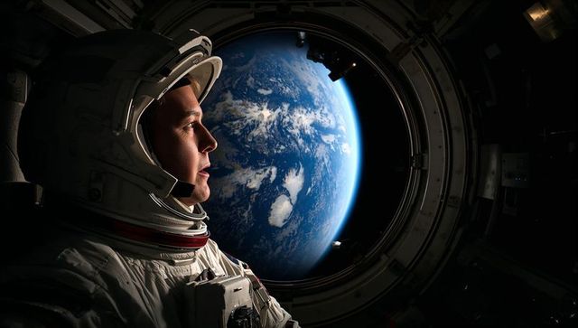 Astronaut Viewing Earth from Spacecraft with Futuristic Perspective