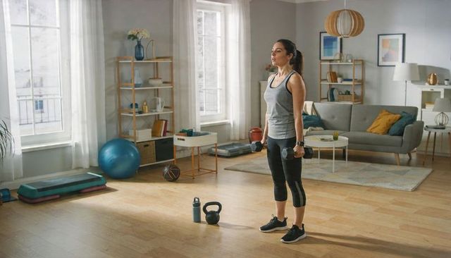 Woman lifting dumbbells in bright minimalist living room home workout strength training
