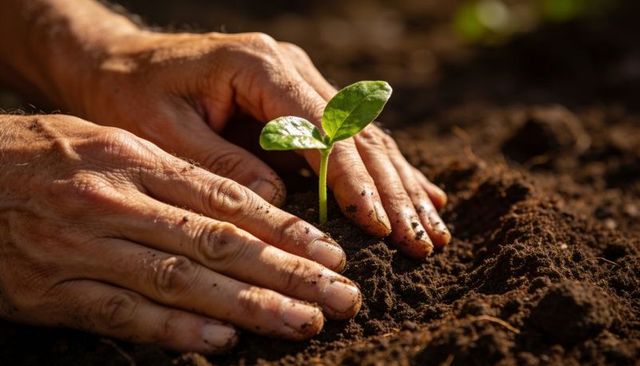 Hands planting seedling in rich soil under sunlight for sustainable gardening and growth
