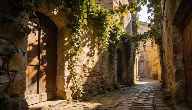 Sunlit cobblestone alley to archway in historic village with ivy and wooden doors