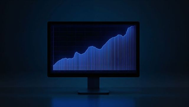 Wide monitor displaying ascending blue data graph on dark desk with reflective light