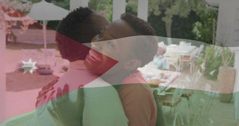 Couple Embracing with Warm Smiles in Luxurious Outdoor Setting