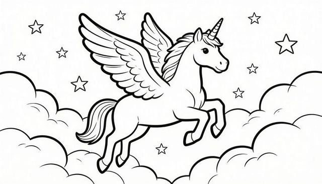 Soaring winged unicorn leaping above clouds with stars coloring page outline printable kids