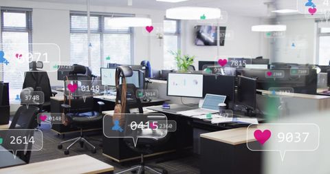 Modern office workspace with social media engagement icons