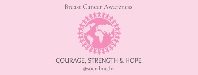 Pink ribbon pattern surrounding globe promotes breast cancer awareness and support. Includes message of courage, strength, and hope. Ideal for social media posts, awareness campaigns, and solidarity events.