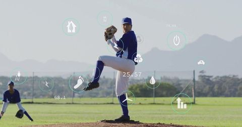 Baseball Player Pitching with Futuristic Data Graphics Overlay
