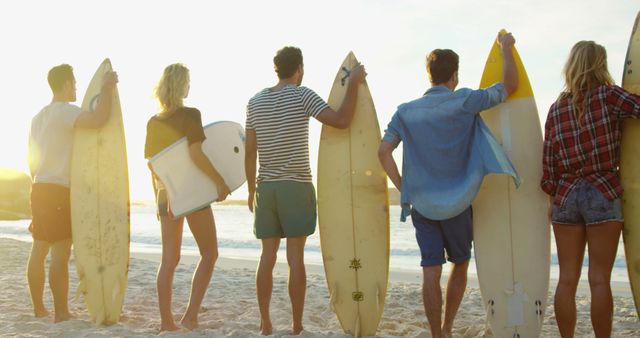 Group of Friends with Surfboards Watching the Sunset on Beach - Download Free Stock Images Pikwizard.com