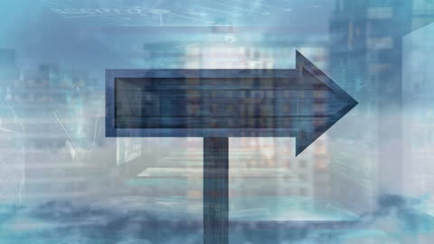 Futuristic Arrow Sign Overlaying Digital Data Screens