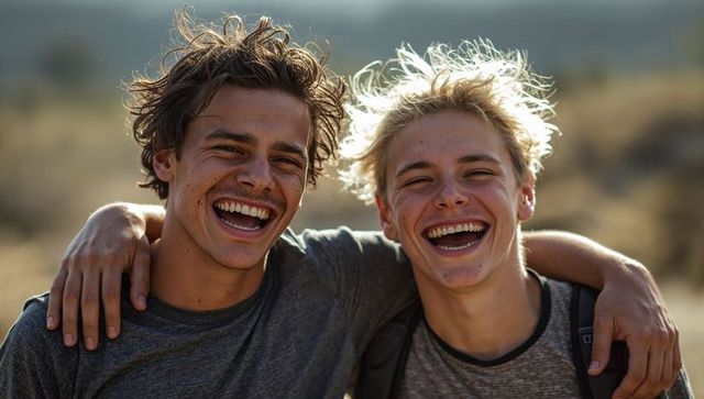 Laughing young men with arms around shoulders in sunlit grassland at golden hour