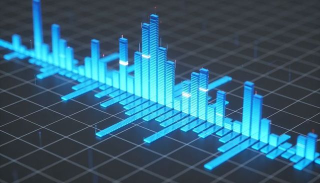 Holographic 3d bar chart rising on dark grid with neon cyan columns and red lights