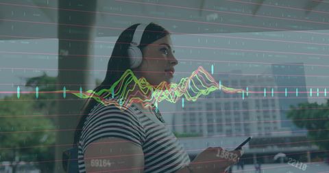 Woman Listening to Music with Data Overlay