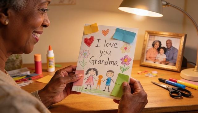 Grandma holding handmade 'i love you grandma' card at cozy wooden desk with framed family portrait