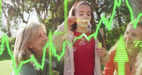 Multigenerational family blowing bubbles in sunlit park with green financial graph overlay