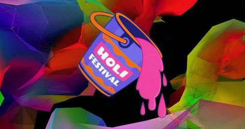 Pouring vibrant pink powder from holi festival bucket over abstract geometric background