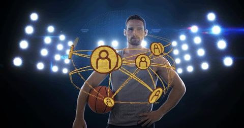 Basketball player showcasing futuristic holographic network and sports analytics overlay