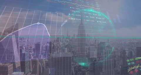 Animation of Financial Data Over Modern Cityscape