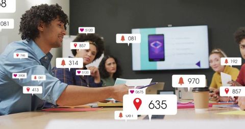 Busy Office Meeting Showcasing Media Engagement Data