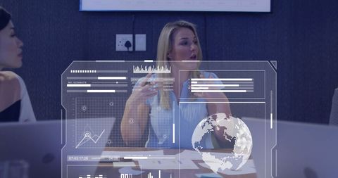 Business professionals analyzing global data in modern office