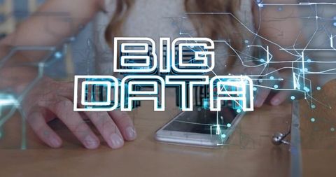 Tapping Hands on Smartphone and Laptop with Big Data Neon Holographic Circuitry Overlay