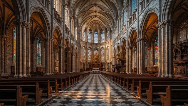 Leading nave drawing gaze toward ornate altar in gothic cathedral with stained glass