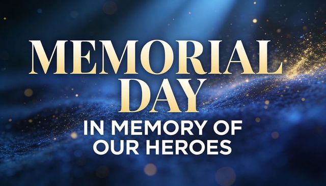 Memorial day tribute banner with gold typography and blue velvet bokeh background