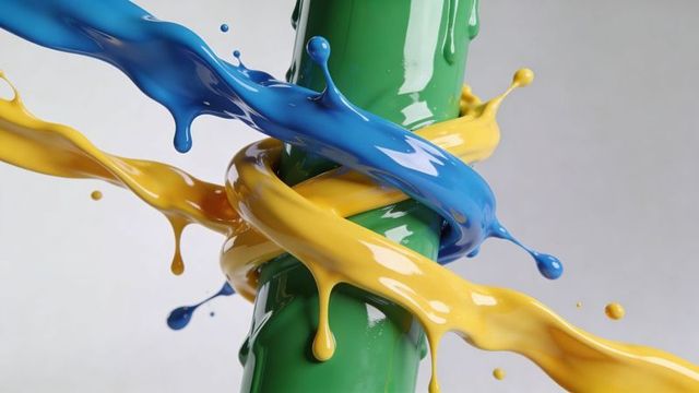 Vibrant paint ribbons twisting around glossy green cylinder splashing blue and yellow