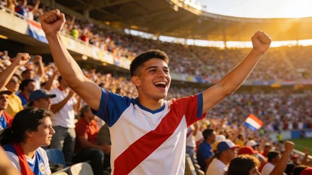 Young football fan cheering with raised arms in sunlit stadium among flag-waving crowd