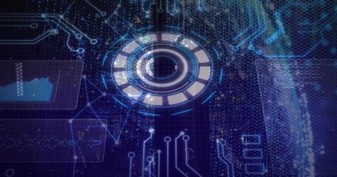 Futuristic holographic circular HUD projecting rotating data visualization on circuit mesh grid
