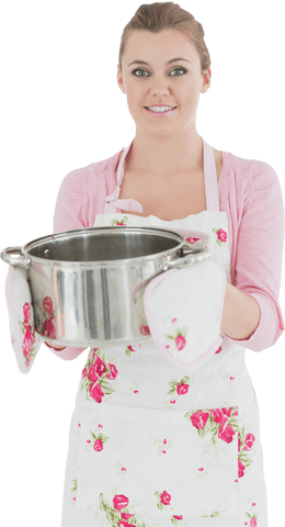 smiling woman in floral apron holding pot with oven mitts transparent - Download Free Stock Videos Pikwizard.com