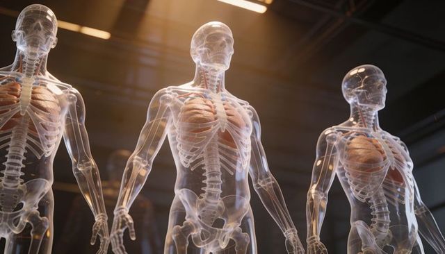 Transparent human anatomy mannequins showing skeleton and organs under warm lab light