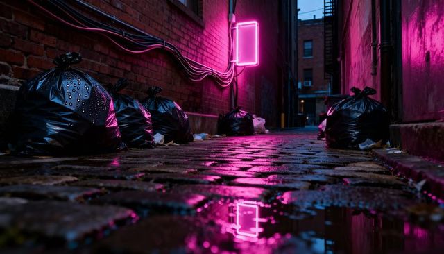 Wet cobblestone alley reflecting magenta neon glow with black garbage bags at night
