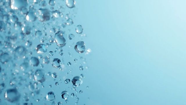 Splashing water droplets on blue gradient background