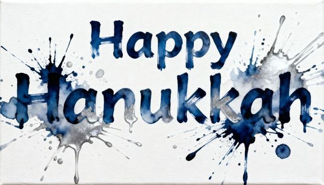 Happy hanukkah navy watercolor brush lettering with silver splatter on textured canvas