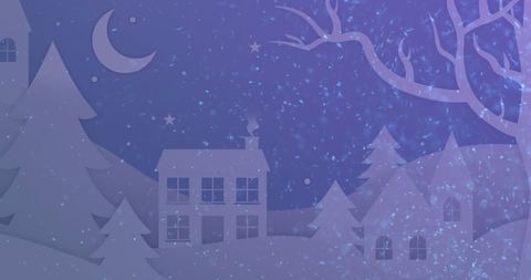 Enchanting Snowy Night with Houses and Trees Under Crescent Moon - Download Free Stock Images Pikwizard.com