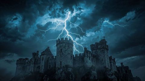 Frankenstein castle struck by lightning under stormy sky